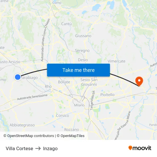 Villa Cortese to Inzago map