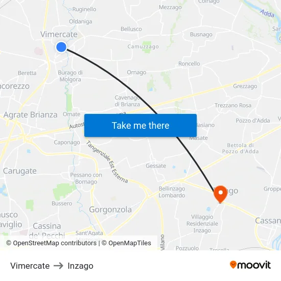 Vimercate to Inzago map