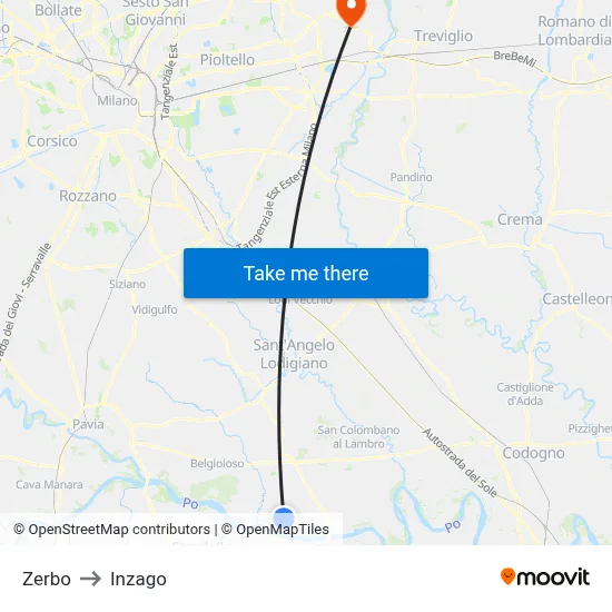 Zerbo to Inzago map
