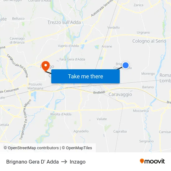 Brignano Gera d'Adda to Inzago map