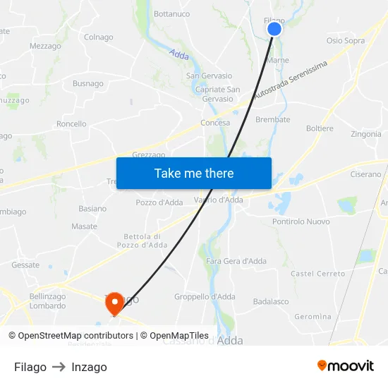 Filago to Inzago map