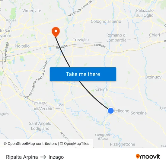 Ripalta Arpina to Inzago map