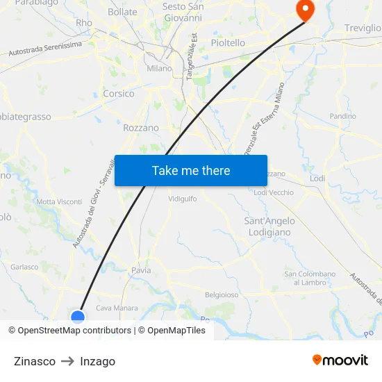 Zinasco to Inzago map