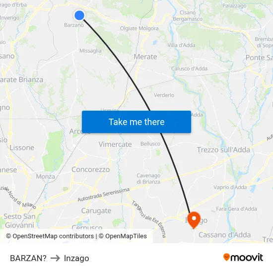 Barzan to Inzago map