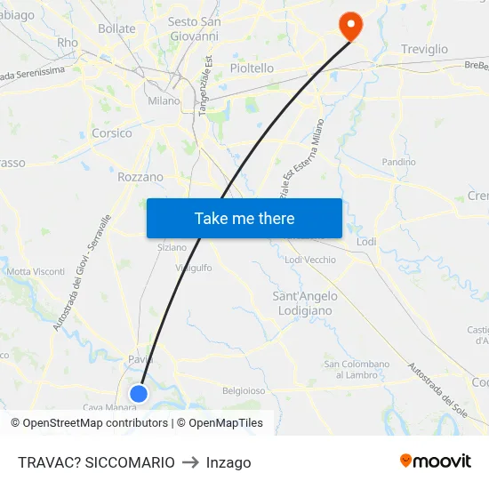 Travacò Siccomario to Inzago map