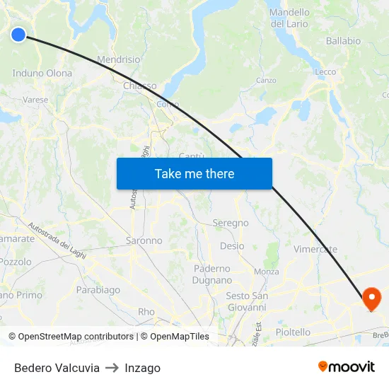 Bedero Valcuvia to Inzago map