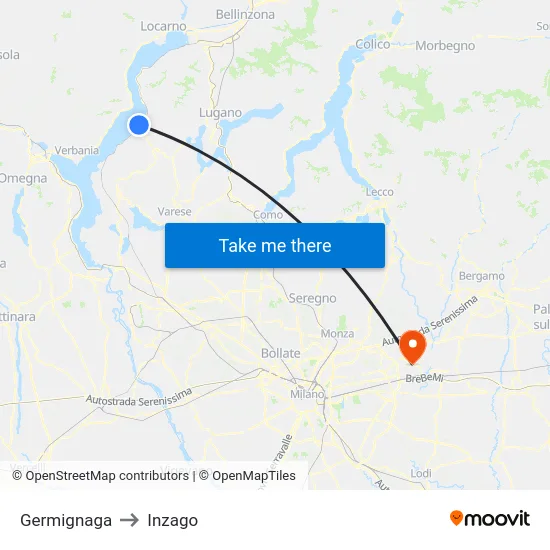 Germignaga to Inzago map