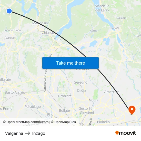 Valganna to Inzago map