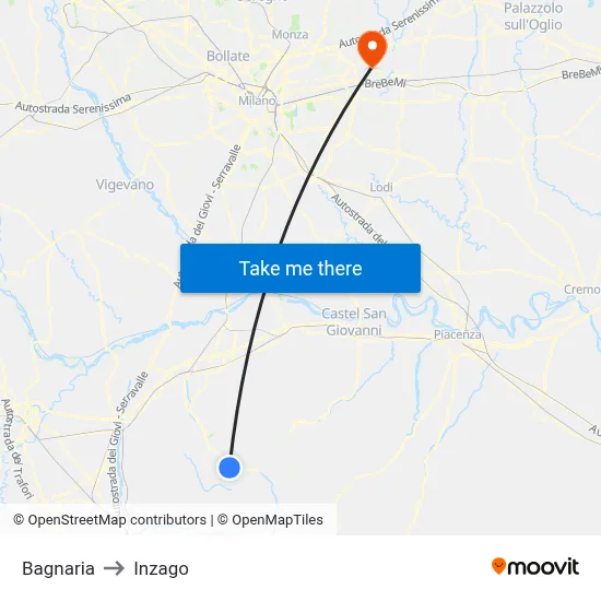 Bagnaria to Inzago map
