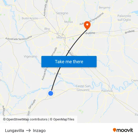 Lungavilla to Inzago map
