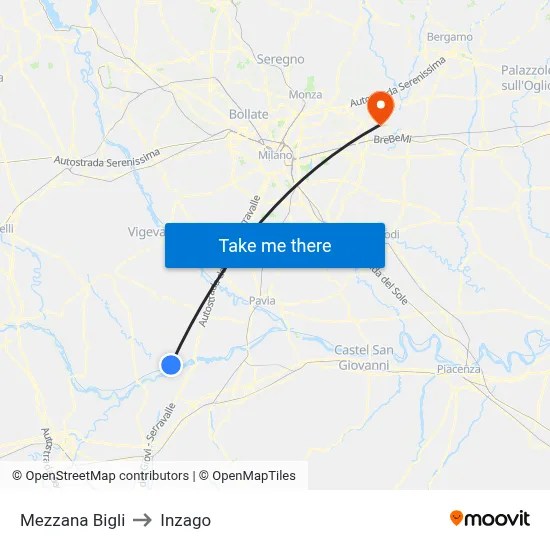 Mezzana Bigli to Inzago map
