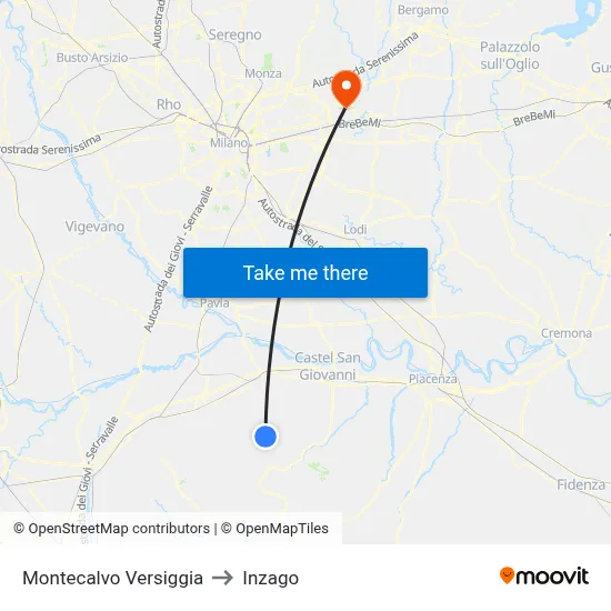 Montecalvo Versiggia to Inzago map