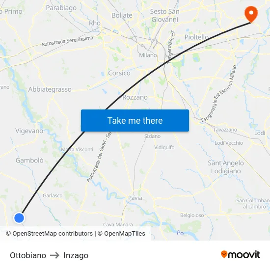 Ottobiano to Inzago map