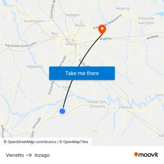 Verretto to Inzago map