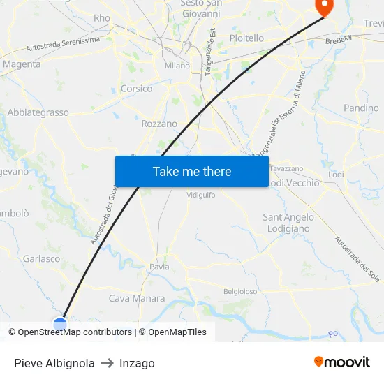 Pieve Albignola to Inzago map