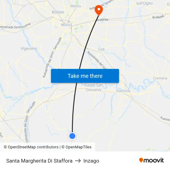 Santa Margherita di Staffora to Inzago map