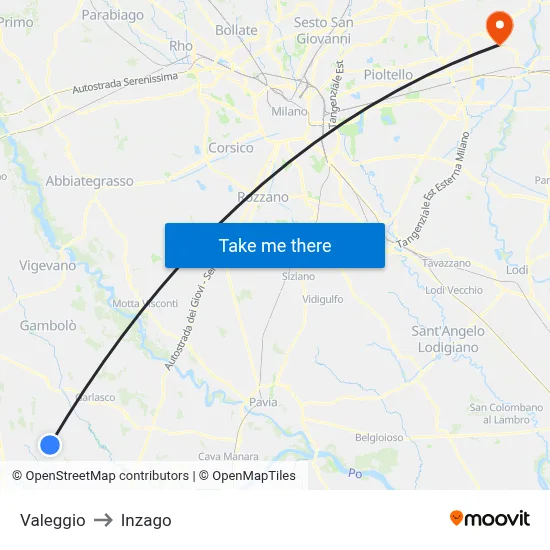 Valeggio to Inzago map