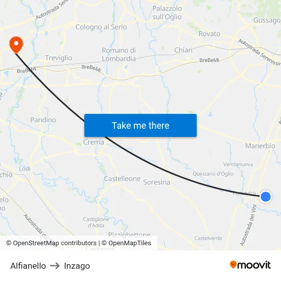 Alfianello to Inzago map