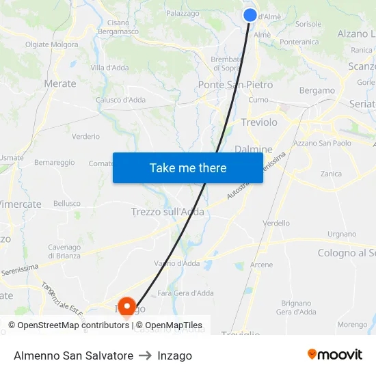 Almenno San Salvatore to Inzago map