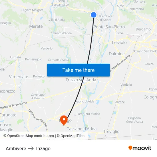 Ambivere to Inzago map