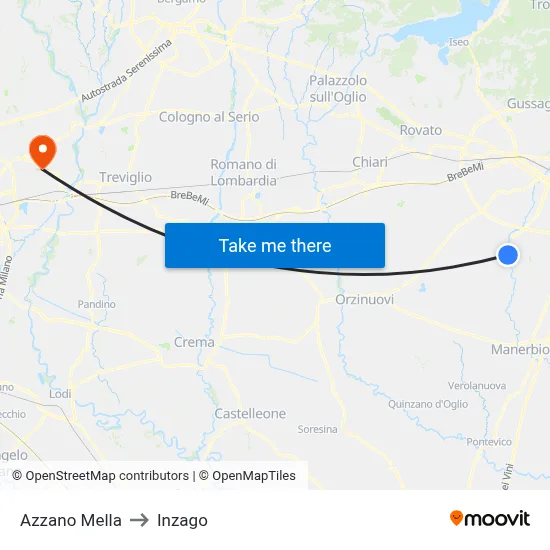 Azzano Mella to Inzago map