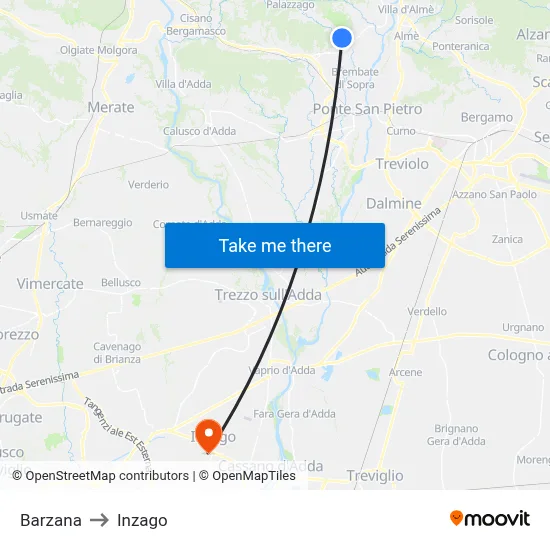 Barzana to Inzago map
