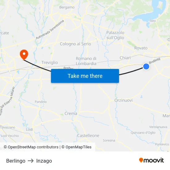 Berlingo to Inzago map