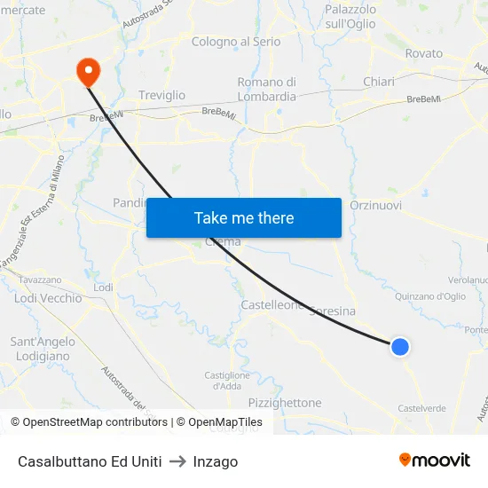 Casalbuttano Ed Uniti to Inzago map