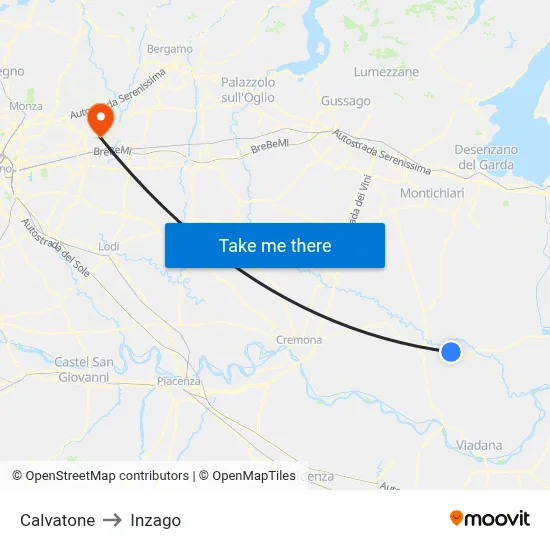 Calvatone to Inzago map