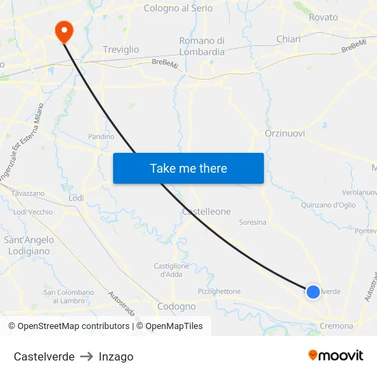 Castelverde to Inzago map
