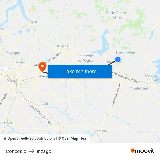 Concesio to Inzago map