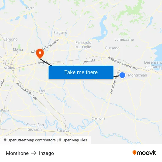 Montirone to Inzago map