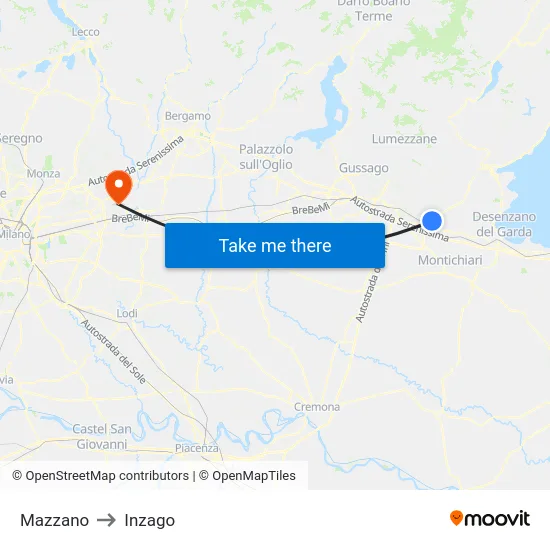 Mazzano to Inzago map