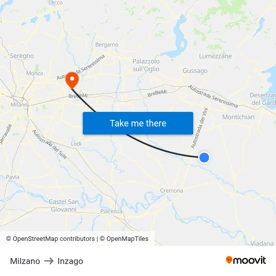 Milzano to Inzago map
