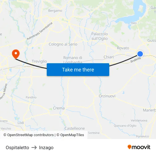 Ospitaletto to Inzago map