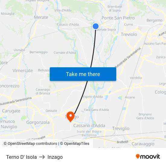 Terno D' Isola to Inzago map