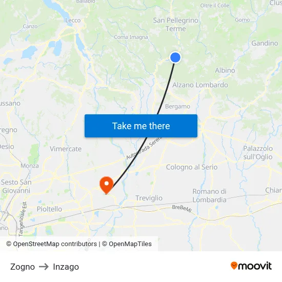 Zogno to Inzago map