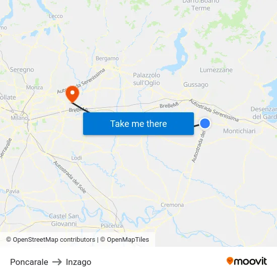 Poncarale to Inzago map