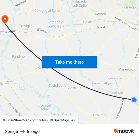 Seniga to Inzago map