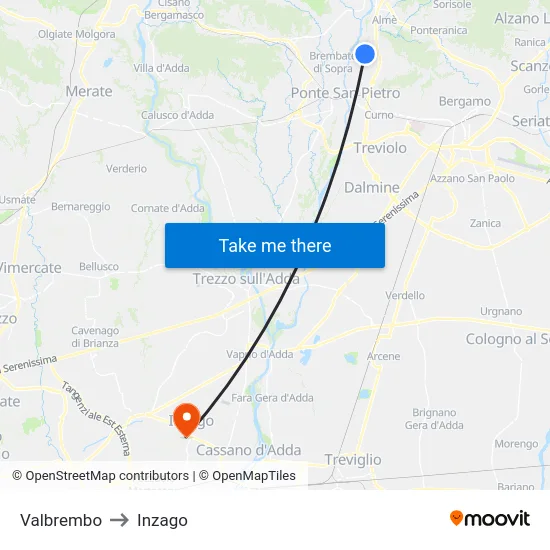 Valbrembo to Inzago map