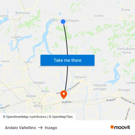 Andalo Valtellino to Inzago map