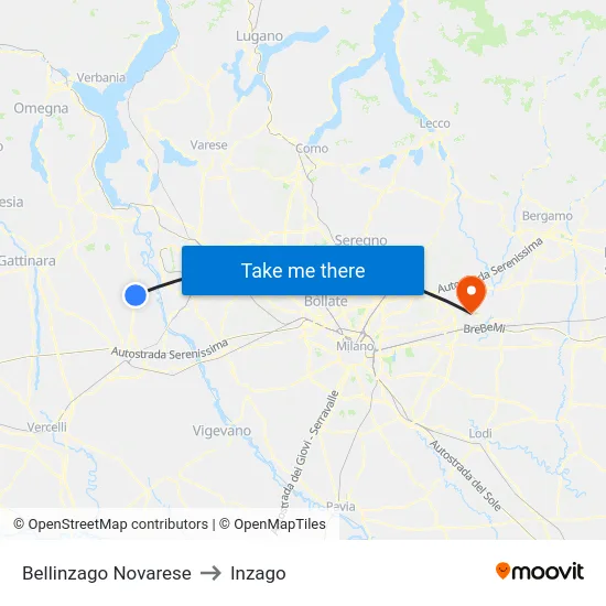 Bellinzago Novarese to Inzago map