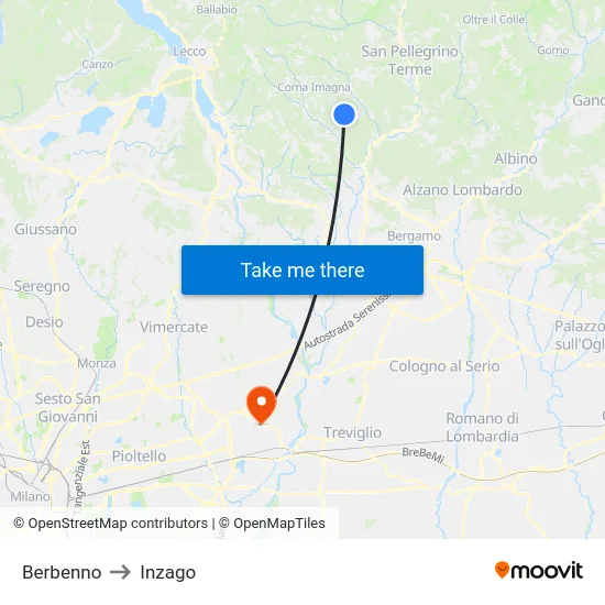 Berbenno to Inzago map