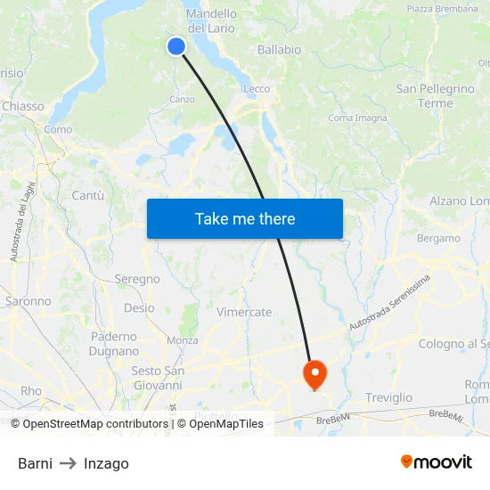 Barni to Inzago map