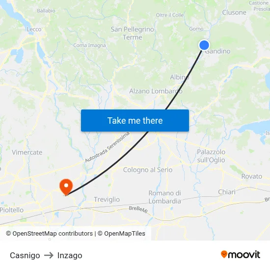 Casnigo to Inzago map