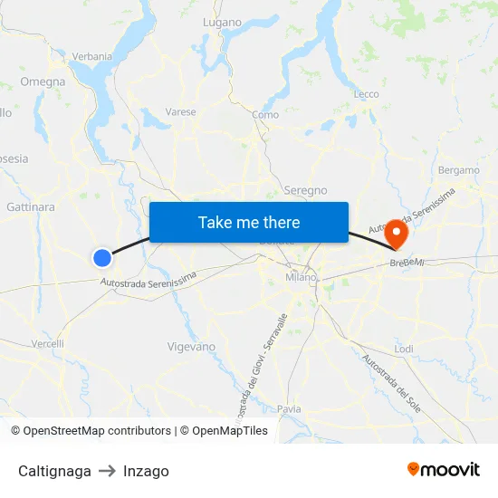 Caltignaga to Inzago map