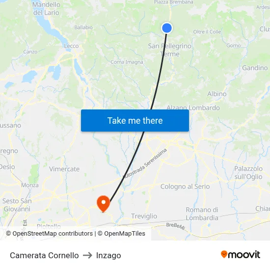 Camerata Cornello to Inzago map