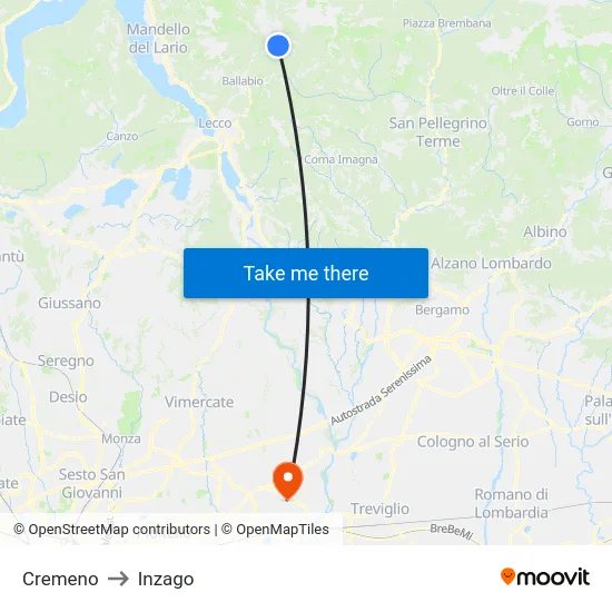 Cremeno to Inzago map