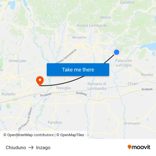 Chiuduno to Inzago map