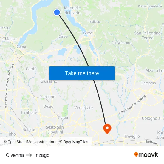 Civenna to Inzago map